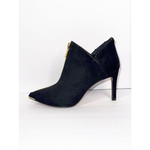Ted Baker Millae Bootie Heels Black Suede Gold Zipper Stiletto Pointed 38.5/6 - Picture 4 of 16